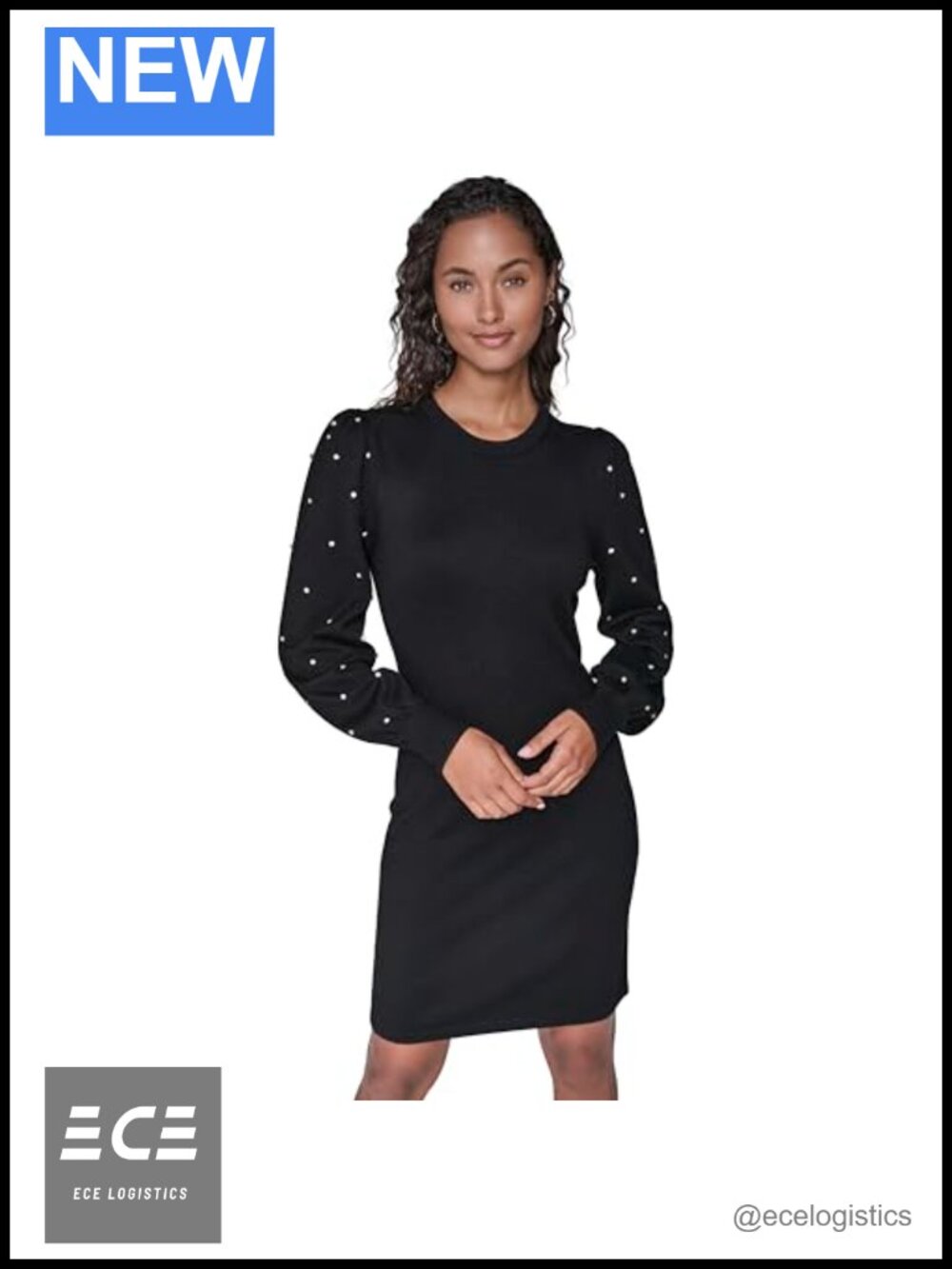 Embellished Long Sleeve Sweater Dress Button Round Neck Fitted